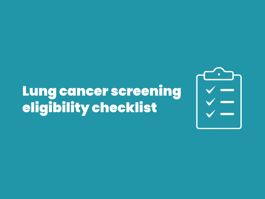 Lung cancer screening eligibility checklist graphic; teal background with white text and an icon of a clipboard with a check list