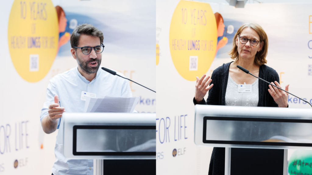 Collage featuring Barbara Hoffmann, Advocacy Council Chair for ERS, and Dimitris Kontopidis, ELF Chair, speaking during healthy lungs for life exhibition at the European Parliament. Behind them are boards with information about lung disease in Europe.