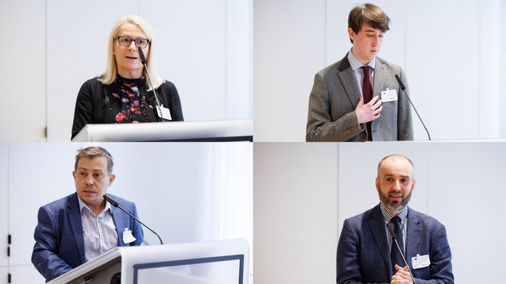 Collage, clockwise from top-left: Helen Parks, Ed Powell, Michal Len and Ganescu Costin Radu They are speaking during healthy lungs for life exhibition at the European Parliament. All speakers are smartly dressed and standing behind a lectern with a microphone.