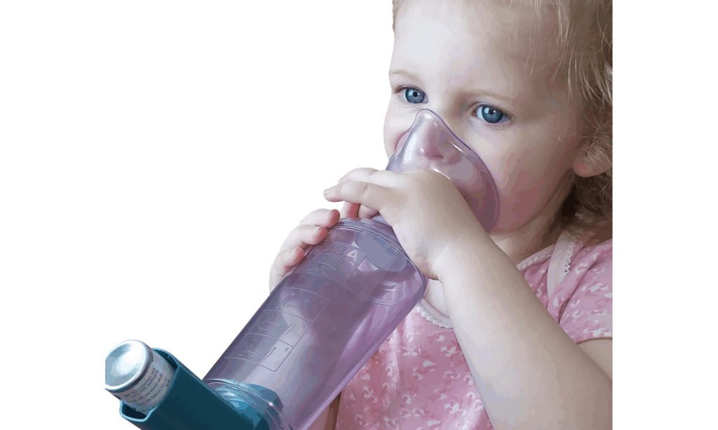 A child using an asthma inhaler